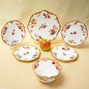 Антикварный Фарфоровый Десертный набор тарелок «Летний сад», Англия, конец ХIX - начало ХХ века.