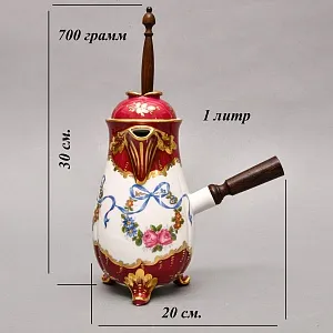 Фарфоровый Кувшин - Чайник для подачи горячего шоколада «Синие ленты» с лопаткой, Pillivuyt Франция.