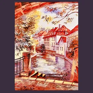 Авторская Коллекционная Картина - Рисунок «Уютные места Старой Праги», Чехия конец ХХ века.