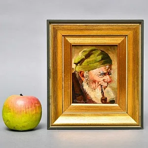 Картина - Портрет - Миниатюра «Старик с трубкой», Доска, Масло, Германия -1965 год.