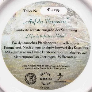 Коллекционная Фарфоровая тарелка «Лошади. Скачки на лугу», Furstenberg Германия - 1996 год.