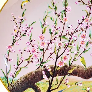 Тарелка - Блюдо «Апрель» - «Воробей - Белоглазка и Цветущая Сакура» Фарфор, Franklin Mint Япония, 1979 год.