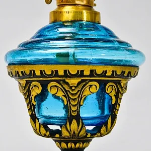 Антикварная Керосиновая Лампа «Аквамарин», Стекло / Металл, начало ХХ века.