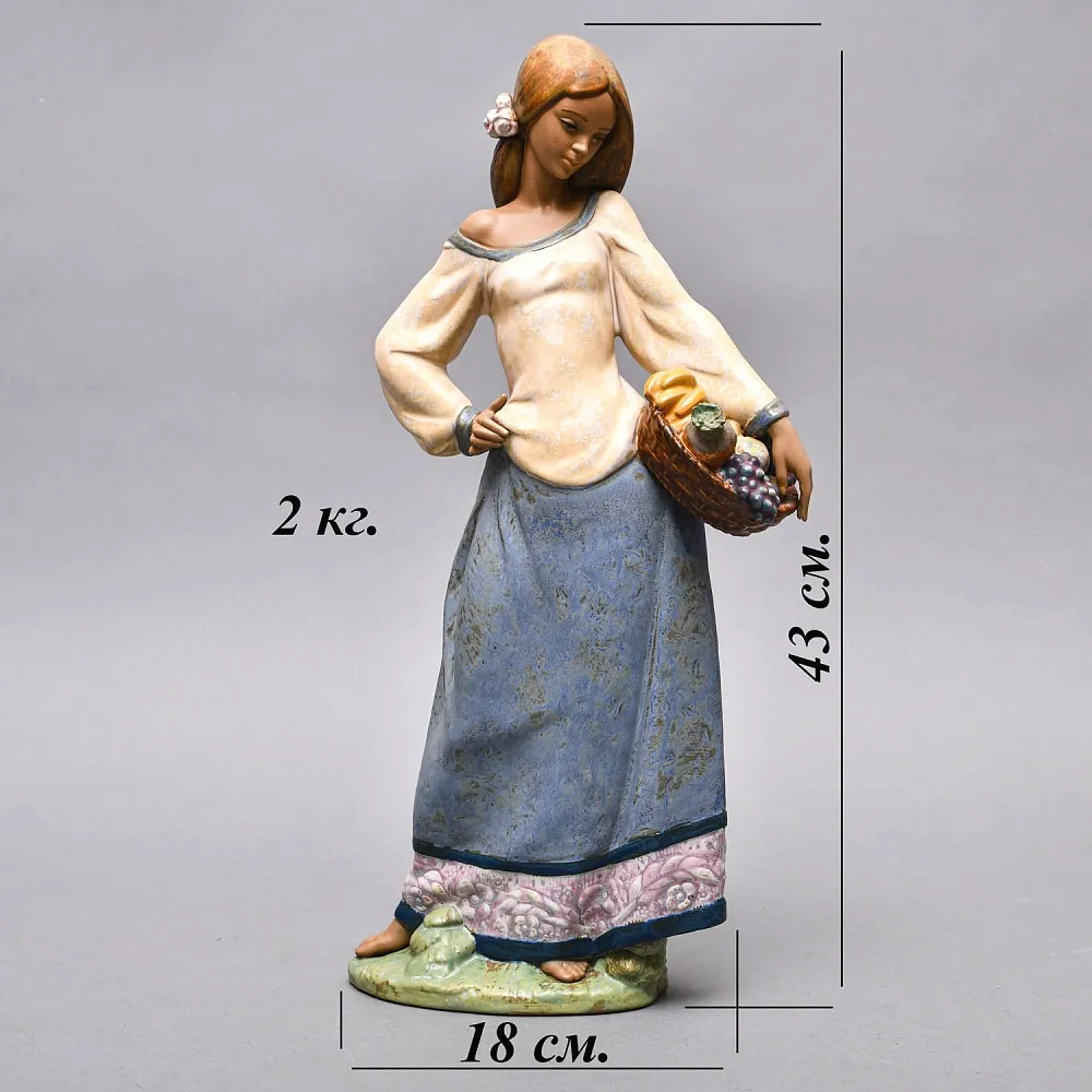 Большая Фарфоровая статуэтка «Девушка с корзиной фруктов», Lladro серия Грес, Испания.