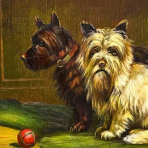 Старинная Картина «Шотландские Терьеры — Два Друга», Доска, масло, Англия середина ХХ века. 