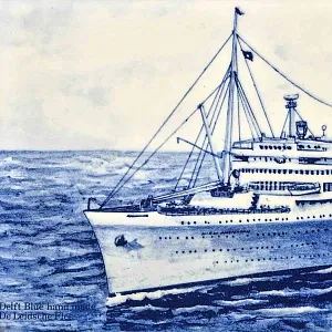 Фарфоровое Панно - Картина «Корабль Nieuw Amsterdam», De Leidsche Fles, Голландия середина ХХ века.