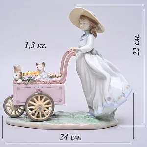 Авторская Фарфоровая статуэтка «Девочка с тележкой цветов и котятами», Lladro Испания.