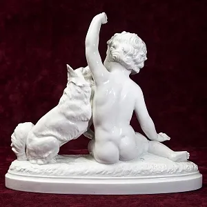 Большая Антикварная Авторская Статуэтка «Мальчик с собакой», Фарфор Villenauxe, Франция -30 гг.