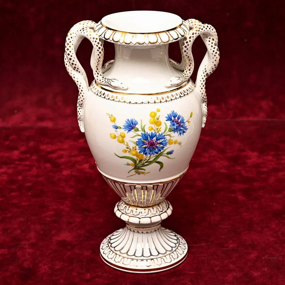 Антикварная Фарфоровая Ваза с ручками - змеями «Цветочный Букет», MEISSEN Германия, 1924 - 1934 годы.
