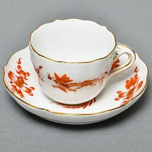 Коллекционная Кофейная пара «Оранжевый дракон», Фарфор, MEISSEN Германия. 