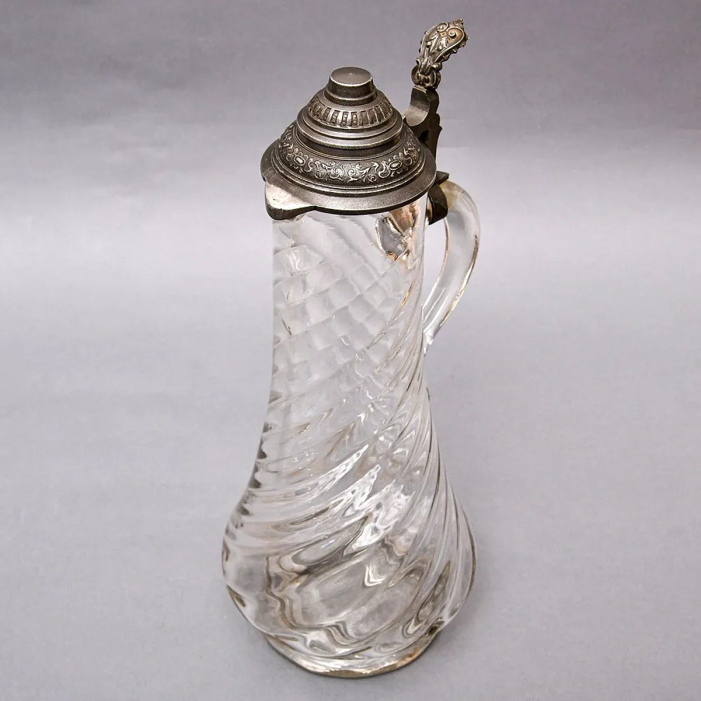 Старинный Хрустальный Кувшин - Графин с Оловянной крышкой, Ручной работы Германия середина XX века.