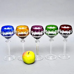 Пять Бокалов для Вина из Цветного Хрусталя, Barthmann Германия, начало 70-х годов ХХ века. 