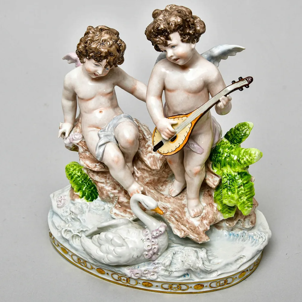Редкость! Коллекционная Фарфоровая Статуэтка «ДВА ПУТТИ И ЛЕБЕДЬ», Scheibe - Alsbach Германия.