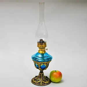 Антикварная Керосиновая Лампа «Аквамарин», Стекло / Металл, начало ХХ века.