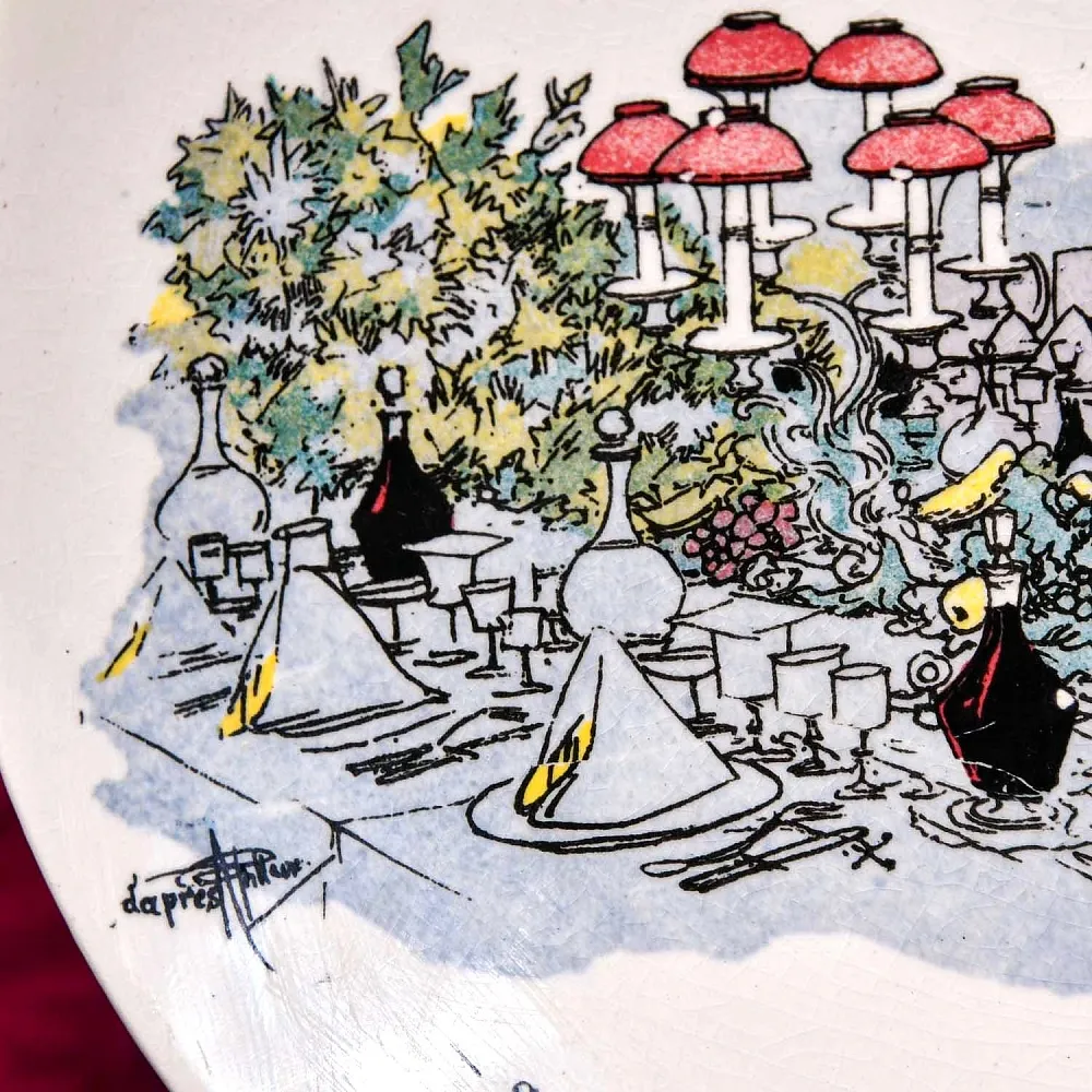 Антикварная Тарелка «Размышления перед банкетом. Недоумение», Фаянс Sarreguemines, Франция конец XIX века.