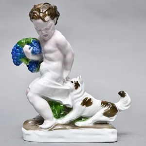 Редкая! Фарфоровая статуэтка «Мальчик с виноградом и собака», ROSENTHAL Германия, первая половина ХХ века. 