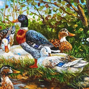 Картина - Пейзаж «На Пруду - Утки Кряквы», Доска, Масло, Германия середина ХХ века.