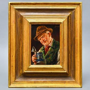 Картина - Портрет «Баварец с пивной кружкой», Доска, Масло, Германия 1920-1940-е годы.