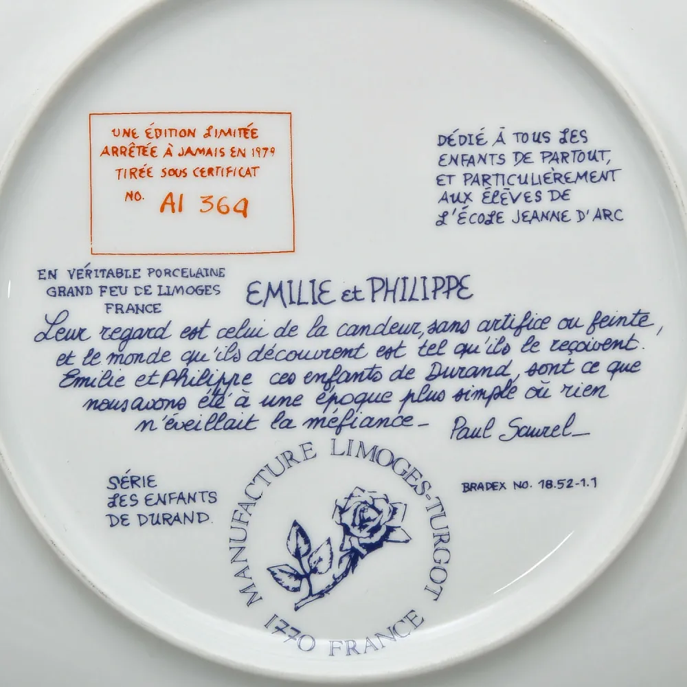 Авторская Тарелка «Дети. Эмилия и Филипп». Фарфор Limoges Франция - 1980 год.