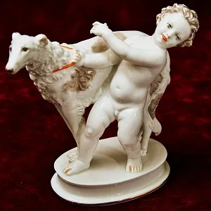 Антикварная Фарфоровая Статуэтка «ПУТТИ И СОБАКА БОРЗАЯ», ROSENTHAL Германия - 1934 год.