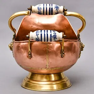 Классический Медный Зольник с  Фарфоровыми ручками, Кашпо Англия, середина ХХ века!