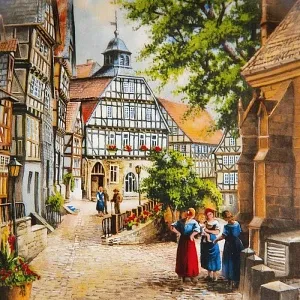 Коллекционная Тарелка «Рыночная площадь в Хомберге» Фарфор VOHENSTRAUSS, Германия -1990 год.