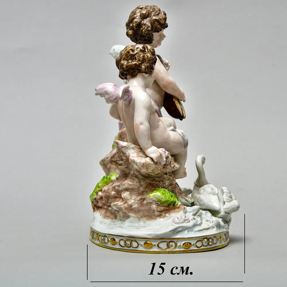 Редкость! Коллекционная Фарфоровая Статуэтка «ДВА ПУТТИ И ЛЕБЕДЬ», Scheibe - Alsbach Германия.