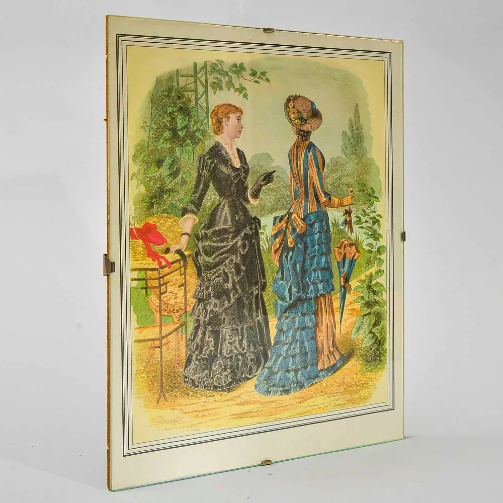 Винтажная Картина - Иллюстрация - Гравюра «Мода. Дамы у пруда», Франция.