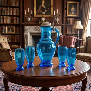 Антикварный Стеклянный Набор Кувшин + Стаканы «Аквамарин» Германия - 30-е годы ХХ века.