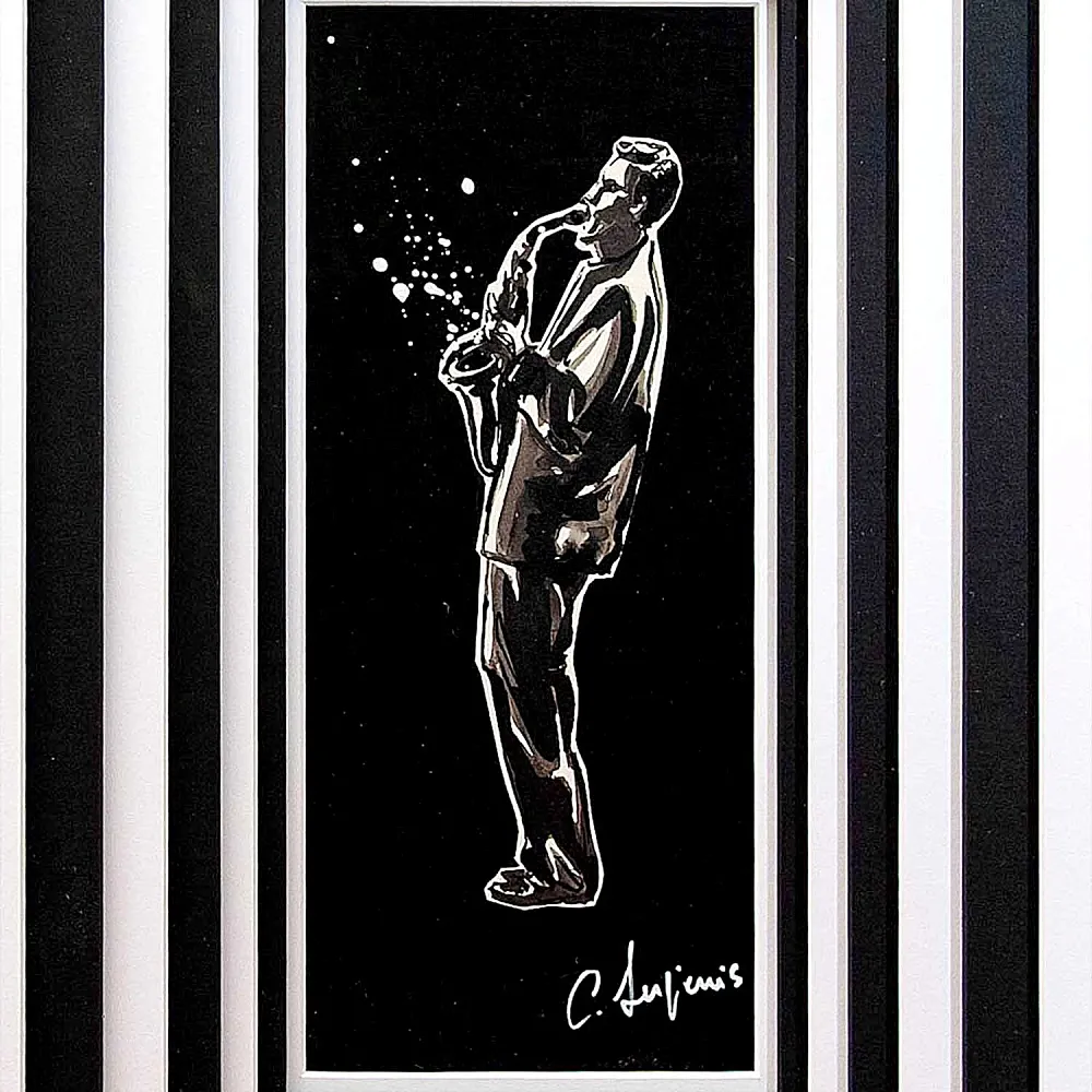 Картина - Коллаж «МУЗЫКАНТ - Саксофонист». Перо, Карандаш, в раме с паспарту, Франция.