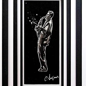 Картина - Коллаж «МУЗЫКАНТ - Саксофонист». Перо, Карандаш, в раме с паспарту, Франция.