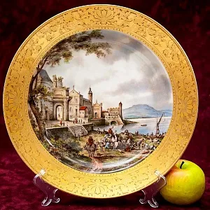 Большое Коллекционное Блюдо - Тарелка «Пейзаж на набережной» Фарфор KAISER Германия.