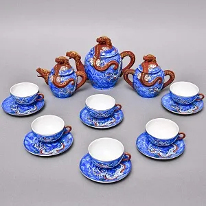 Чайный Сервиз на 6 персон «Синий Дракон», Фарфор SATSUMA Япония, середина ХХ века. 