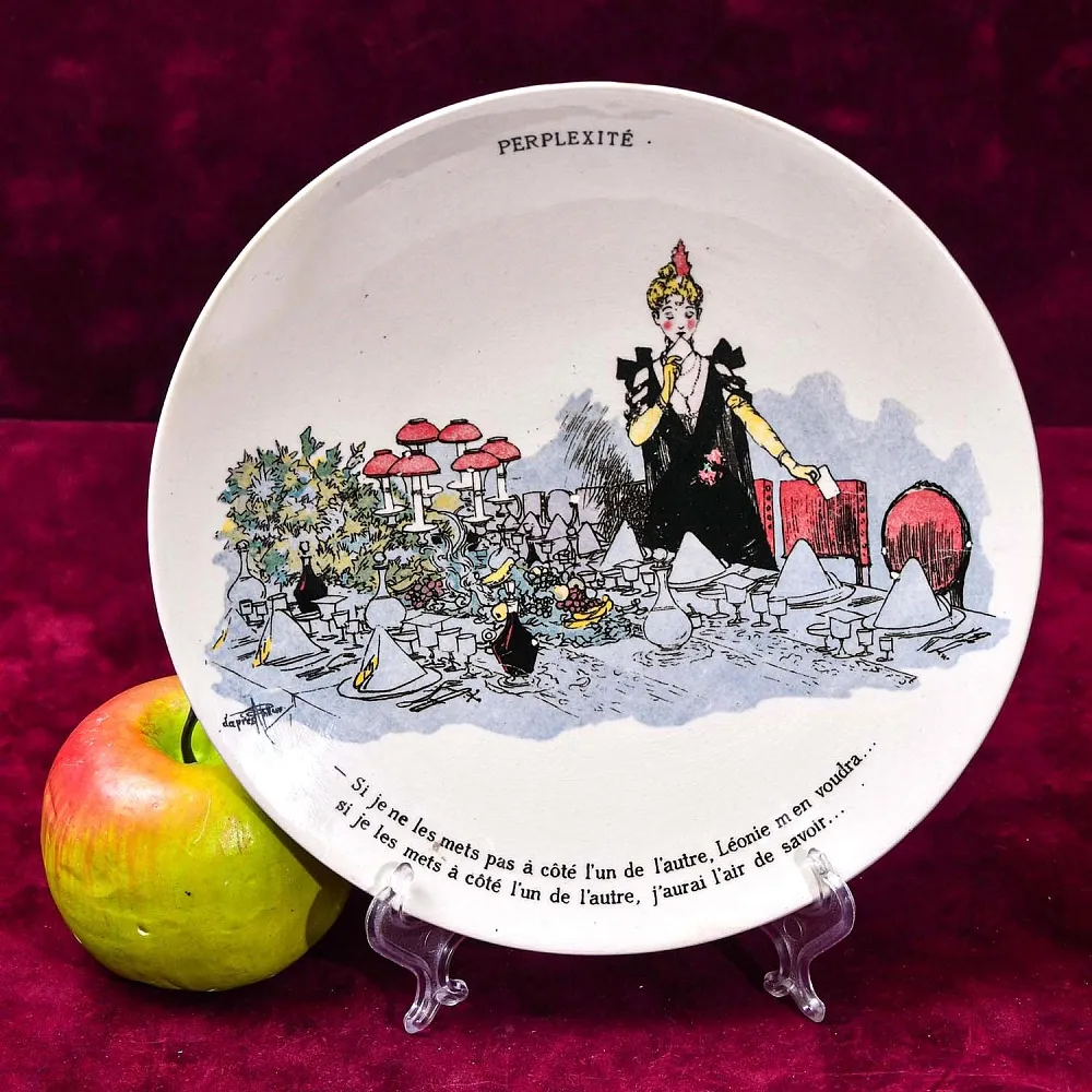 Антикварная Тарелка «Размышления перед банкетом. Недоумение», Фаянс Sarreguemines, Франция конец XIX века.