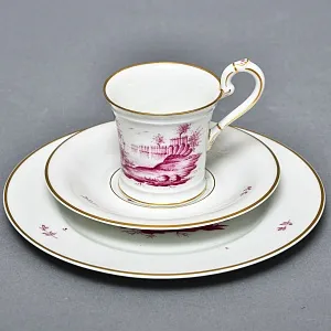 Фарфоровая Кофейная пара + тарелка «Пейзаж у реки», Hochst Германия, середина XX века.