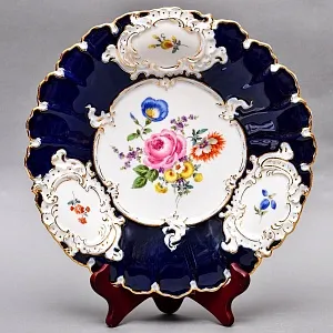 Коллекционное Фарфоровое Блюдо - Тарелка «Букет с розой и колокольчиком» Кобальт, MEISSEN Германия. 