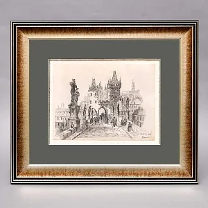 Антикварная Авторская Картина - Рисунок «Королевский Мост», Прага Чехия начало ХХ века.