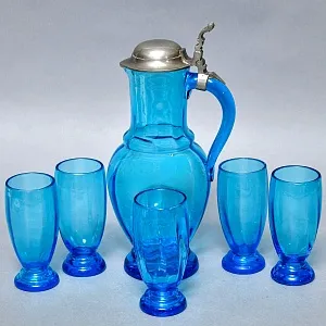 Антикварный Стеклянный Набор Кувшин + Стаканы «Аквамарин» Германия - 30-е годы ХХ века.