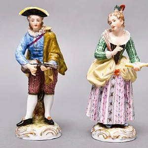  Антикварные Парные статуэтки «Музыкальный Дуэт», Фарфор, Dressel & Kister Passau Германия, 1907 - 1922 гг. 