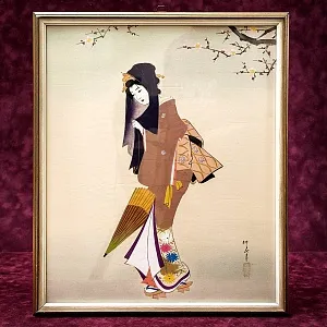 Редкость! Картина - Живопись на Шёлке «Девушка Осень», Китай середина ХХ века.