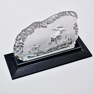 Коллекционное Настольное Хрустальное Панно «ОХОТА - Лось и Лайка» Orrefors Швеция -70 годы ХХ века..