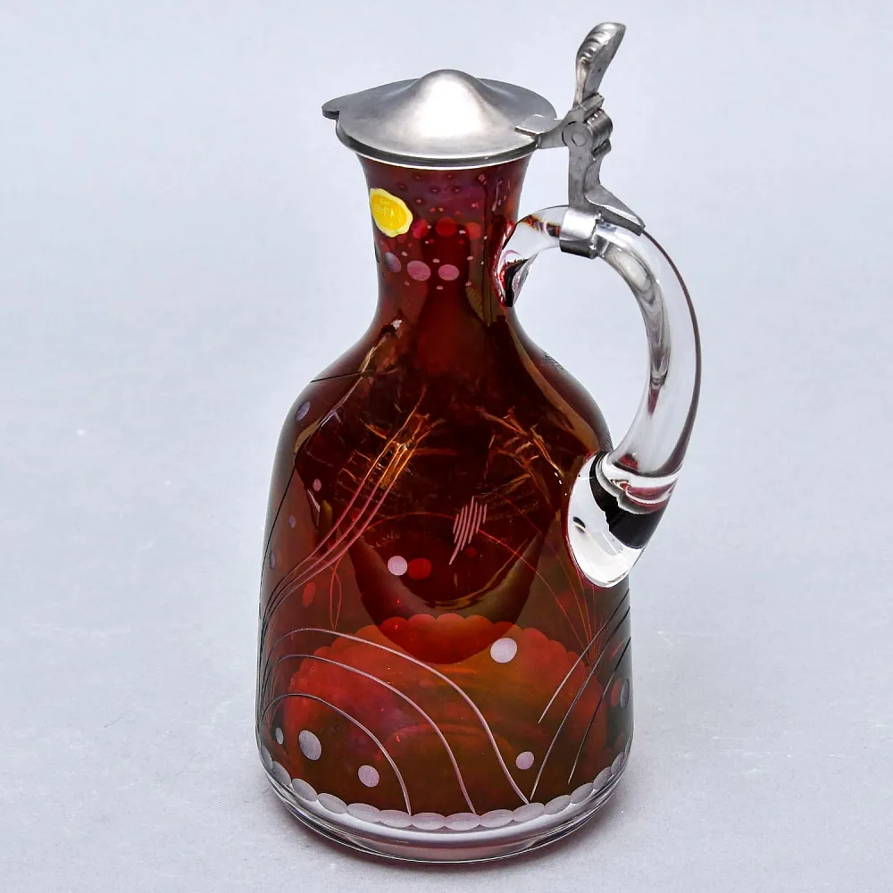 «Рубиновый Хрусталь» - Кувшин - Графин с оловянной крышкой, Ручной работы, Германия, 60 гг.