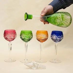 Набор для Вина Графин и 4-е Бокала серия «Portofino» Цветной Хрусталь, Annahütte Германия, 50 -е годы.