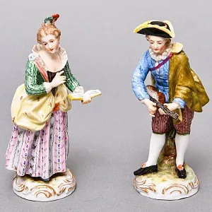  Антикварные Парные статуэтки «Музыкальный Дуэт», Фарфор, Dressel & Kister Passau Германия, 1907 - 1922 гг. 