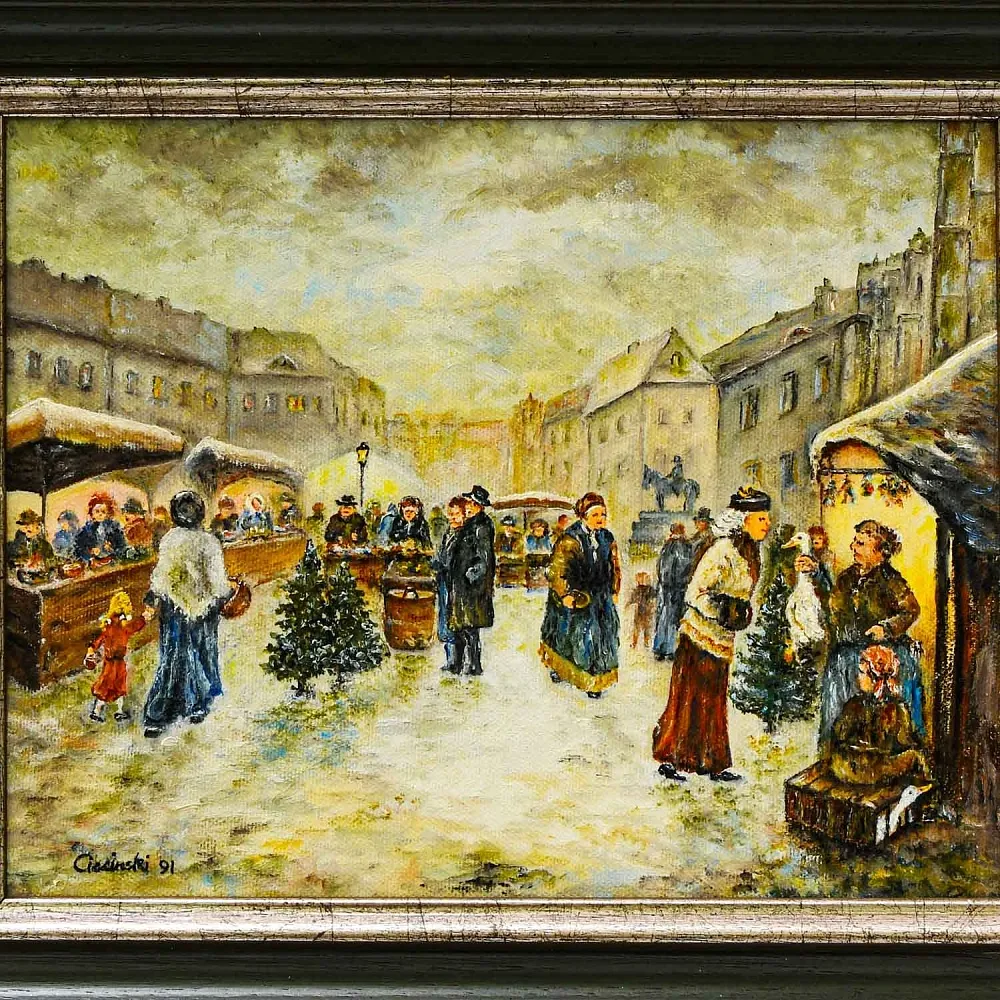 Очаровательная Картина «РОЖДЕСТВЕНСАЯ ЯРМАРКА», Холст, Масло. Германия 1991 год.