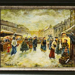 Очаровательная Картина «РОЖДЕСТВЕНСАЯ ЯРМАРКА», Холст, Масло. Германия 1991 год.