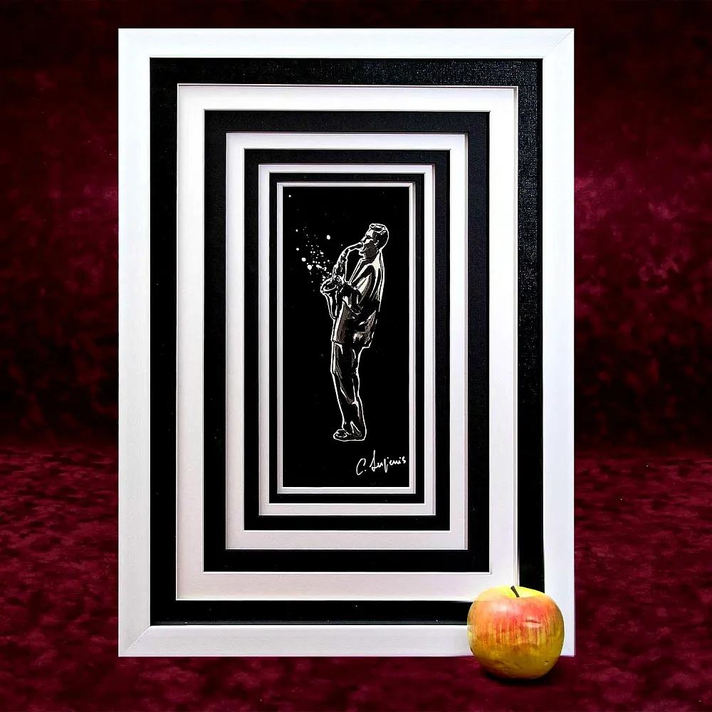 Картина - Коллаж «МУЗЫКАНТ - Саксофонист». Перо, Карандаш, в раме с паспарту, Франция.