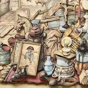 Объемная Картина - Панно в технике 3D декупаж «Лавка старьевщика», 70-е годы ХХ века.