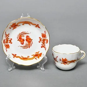 Коллекционная Кофейная пара «Оранжевый дракон», Фарфор, MEISSEN Германия. 