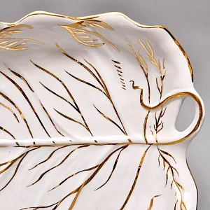 Винтажное Сервировочное Фарфоровое Блюдо - Тарелка «Бело-Золотой Лист», Дулёво СССР -80 гг.